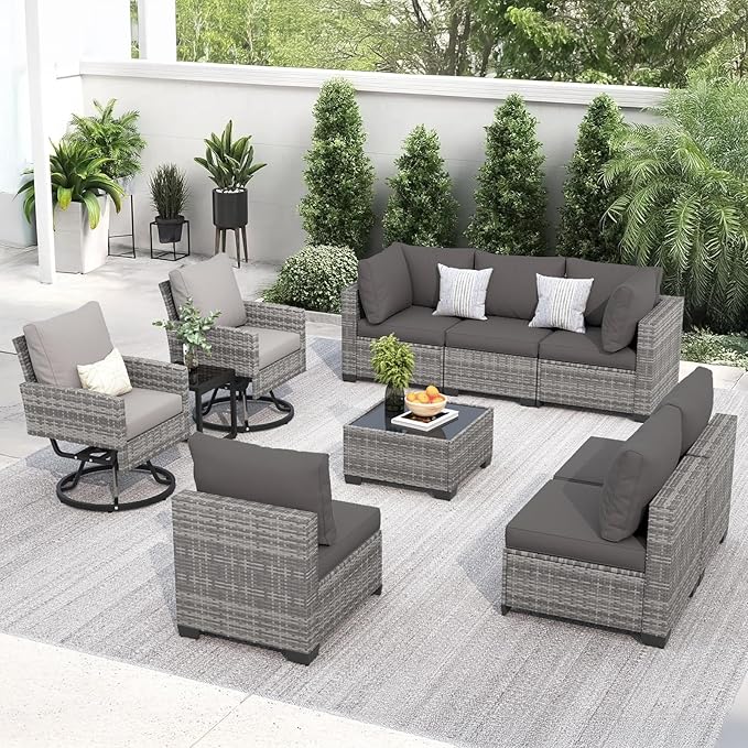 FHFO 10 Pieces Outdoor Patio Furniture Set with Swivel Chairs, Wicker Sectional Sofa Set Rattan Modular Patio Conversation with Cushions Couch & Coffee Table for Garden, Balcony, Porch, Grey-Grey