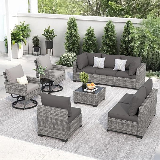 FHFO 10 Pieces Outdoor Patio Furniture Set with Swivel Chairs, Wicker Sectional Sofa Set Rattan Modular Patio Conversation with Cushions Couch & Coffee Table for Garden, Balcony, Porch, Grey-Grey