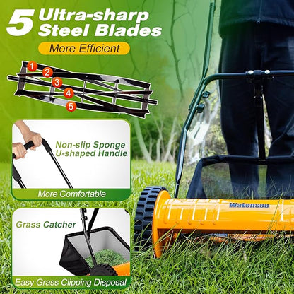Walensee 16-Inch 5-Blade Push Reel Lawn Mower, Cordless Manual Reel Lawn Mower Walk-Behind Steel Lawn Mowers with Removable 7.9-Gallon Grass Catcher, Sponge Grip, 4-Position Cutting Height Adjustment