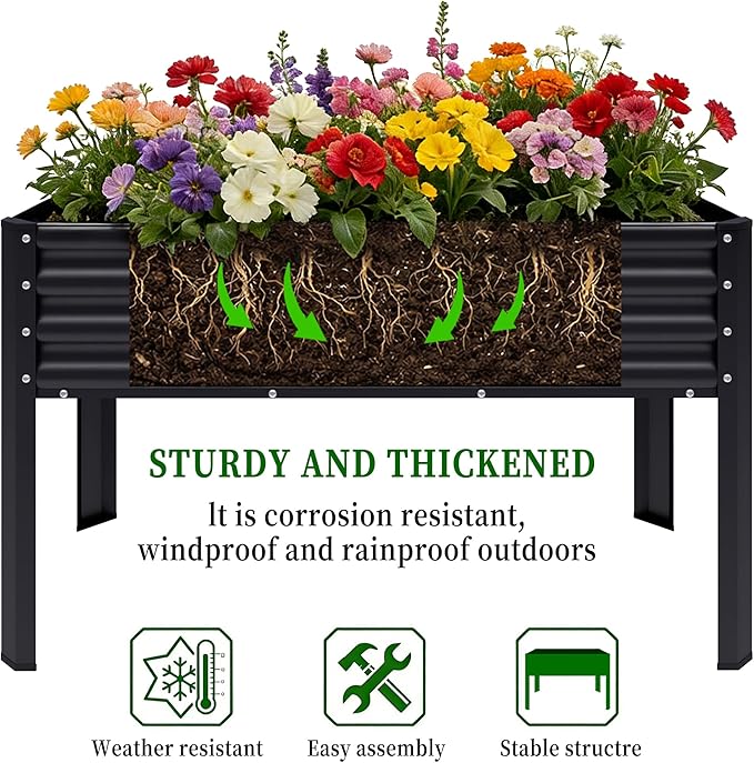 Galvanized Raised Garden Bed with Legs, 48×24×32in Large Metal Elevated Raised Planter Box with Drainage Holes for Backyard, Patio, Balcony, 400lb Capacity,Black