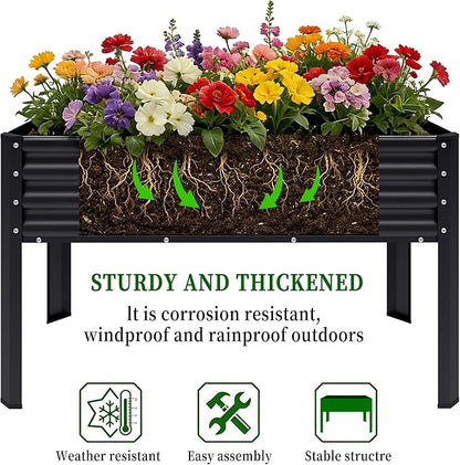 Galvanized Raised Garden Bed with Legs, 48×24×32in Large Metal Elevated Raised Planter Box with Drainage Holes for Backyard, Patio, Balcony, 400lb Capacity,Black