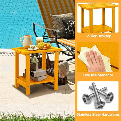 2 Tier Outdoor Side Table with Wood-Like Grain, 16.6" HDPE Adirondack Table Patio Side Table, Weather Resistant End Table for Pool, Patio & Porch, Small Outdoor Table(Tangerine, Rectangle)