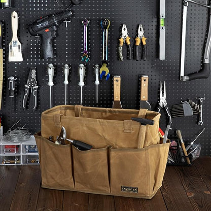 Durable 16OZ Waxed Canvas Tool Bag with Metal Frame, 15.5 Inch Large Collapsible Storage Tool Tote(Khaki | 15.5 X 7.5 X 10.5in)