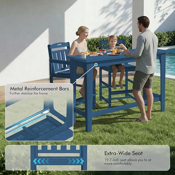 Ciokea Heavy-Duty Outdoor Bar Set, Rectangle High Top Table and 2 Oversized Adirondack Chairs Set, HDPE Modern Patio Bar Set for Outside Bistro Backyard Balcony Deck Outside, Navy Blue