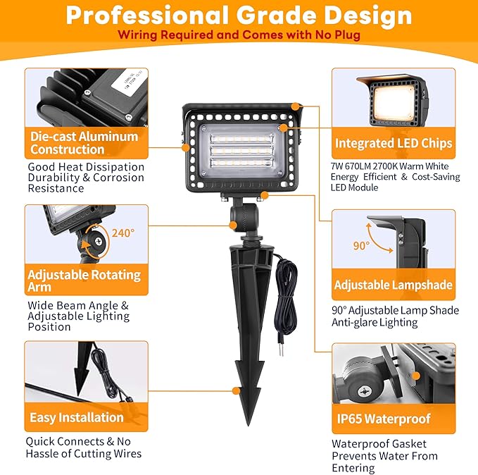 Gardenreet Low Voltage LED Flood Light - 7W Landscape Wall Wash Light, 12V Outdoor IP65 Waterproof Angle Adjustable, Warm White Wide Beam Hardwired Aluminum Brown for Garden Yard Patio House