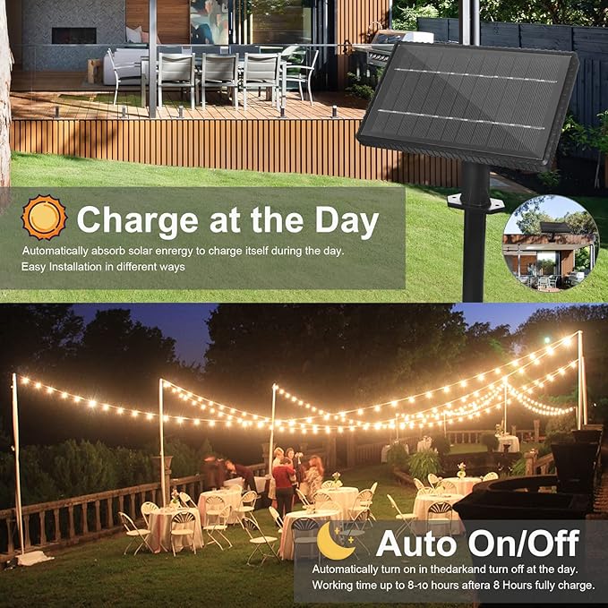 RTTY Solar String Lights Outdoor Waterpoof 50ft with 25pcs Dimmable Shatterproof ST38 Vintage Bulb,Remote Solar Powered Bistro,Cafe & Patio Lights
