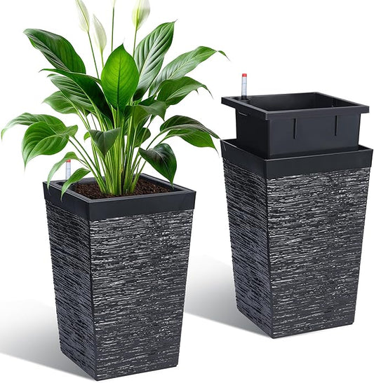 Garvee 16" Tall Planters Set of 2, Self Watering Tall Planters, Outdoor＆Indoor Planter Pots, High Front Porch Planters Pots with Drainage Holes＆Water Level Monitor, Black