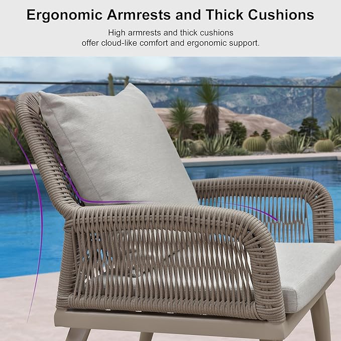 PURPLE LEAF 4-Piece Patio Conversation Set – Wicker Outdoor Furniture with Aluminum Table, 3 Rattan Chairs for 4 People, Thick Sofa Cushions, Ideal for Garden, Backyard, Lawn, or Poolside, Champagne