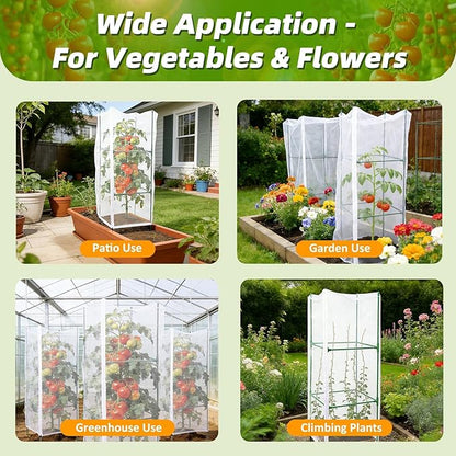3 Pack Square Tomato Cages with 3 Plant Covers, 47 Inch Tall Cages for Tomato, Tomato Trellis with Bird Netting, Vertical Garden Trellis for Climbing Plants Vegetables in Outdoor