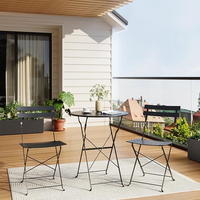 Premium Steel Frame Patio Bistro Set, 3-Piece Outdoor Folding Table and Chairs, Weather Resistant Conversation Sets of 2, Space Saving Patio Furniture for Backyard Balcony Porch Garden, Black