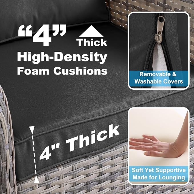 12-Piece Small Patio Furniture Set, Outdoor Swivel Rocking Chairs Set with 55,000 BTU Fire Pit Table Wicker Chairs and Ottomans, Patio Bistro Set for Balcony, Deck, Porch, Black