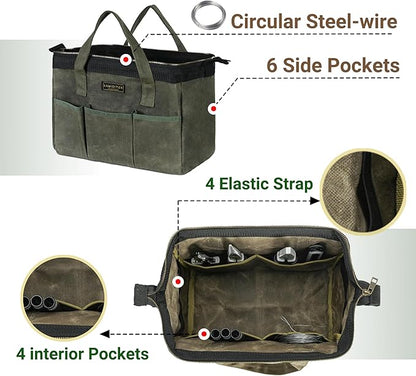 13-inch Tool Bag, Heavy Duty Wide Mouth Water-Resistant Tool Bag, Tool Tote with Handle for Tools, Wrenches, Screwdrivers (13 X 7 X 9 inch) | ArmyGreen