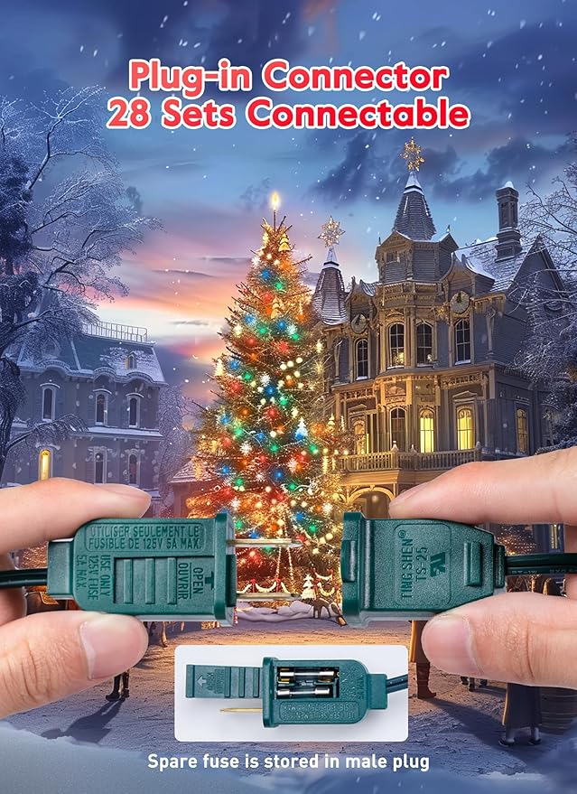 Multicolor C7 LED Christmas Lights Outdoor, 100FT Colorful Christmas String Lights with 100+4 Plastic Bulbs, Traditional Hanging Holiday Lights for Christmas Tree Patio Fence Roofline Xmas Decorations