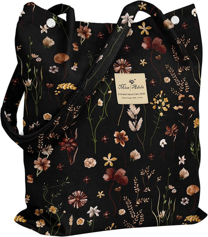 Miss Adola Corduroy Tote Bag for Women - Reusable Totes with Magnetic Buckle & Pocket Aesthetic Design Work Grocery Bags