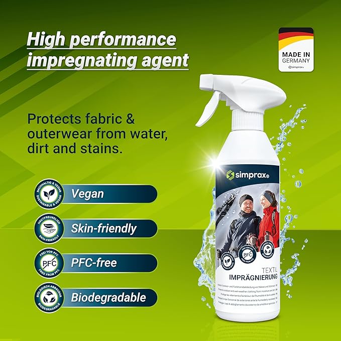 simprax® Textile Waterproof Spray Eco-Friendly & Skin-Safe | Water-Based Waterproofing for Gore-Tex, Sympatex & Softshell | Biodegradable Waterproofing Spray for Fabric Outdoor | Made in Germany