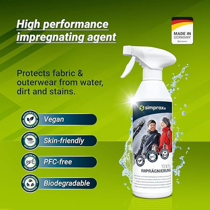 simprax® Textile Waterproof Spray Eco-Friendly & Skin-Safe | Water-Based Waterproofing for Gore-Tex, Sympatex & Softshell | Biodegradable Waterproofing Spray for Fabric Outdoor | Made in Germany