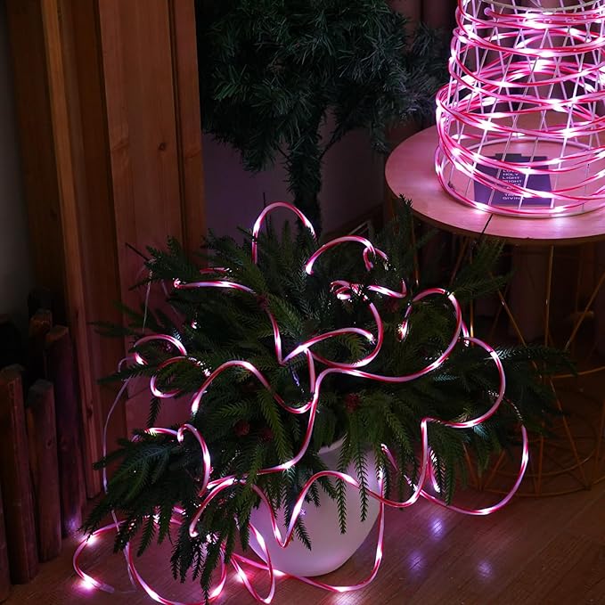 YEGUO Solar Christmas Candy Cane Rope Lights, 2 Packs Each 33ft 100 LED Red & White Solar Rope Light Outdoor Waterproof Decorations String Tube Lights