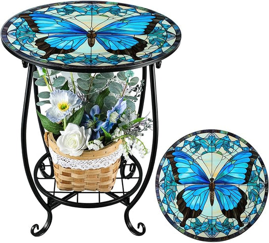 Cinnvoice Outdoor Side Table Round Small Mosaic Patio Accent Indoor End Plant Coffee Tea Table for Yard Patio Porch Garden Living Room, Bedroom