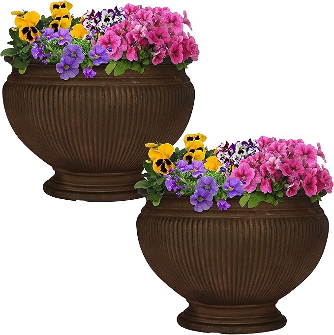 Sunnydaze Elizabeth 16" Double-Walled Polyresin Ribbed Urn Outdoor Planter - UV-Resistant Rust Finish - Set of 2