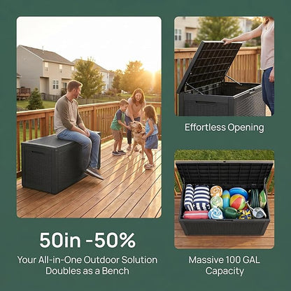 100 Gallon Deck Box, Waterproof Resin Rattan Outdoor Storage Box Lockable for Patio Furniture, Fade Resistant Patio Side Table & Organizer for Garden Tools, Pool Float, Outdoor Cushions, Black