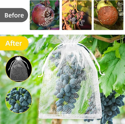 50Pcs Fruit Protection Bags, White Fruit Netting Cover Bags Drawstring Mesh Fruit Protectors Barrier for Apples, Tomatoes, Fruit Trees, Veggies Garden(8x12 Inch)