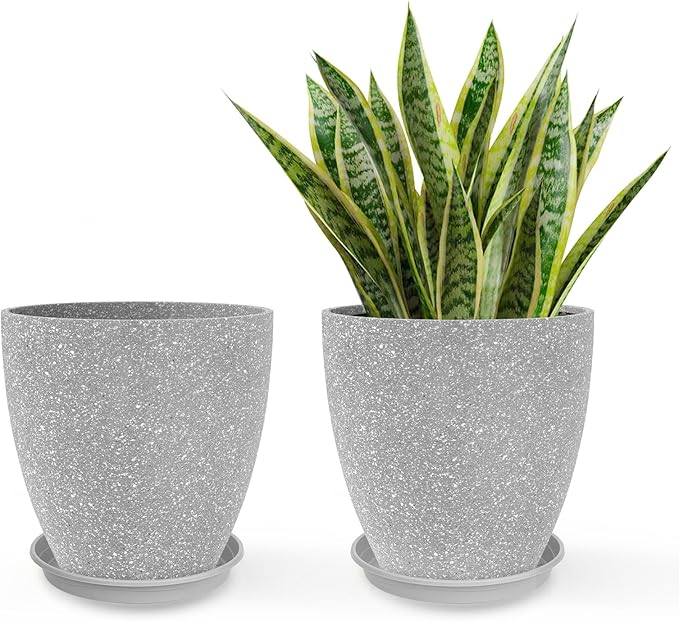 GameXcel Flower Pot Indoor - Outdoor Plant Pot - Gray Rough Planter - Elegant Stone Imitation - 12" Diameter 12" Tall with Drainage Holes and Saucer 2 Pack
