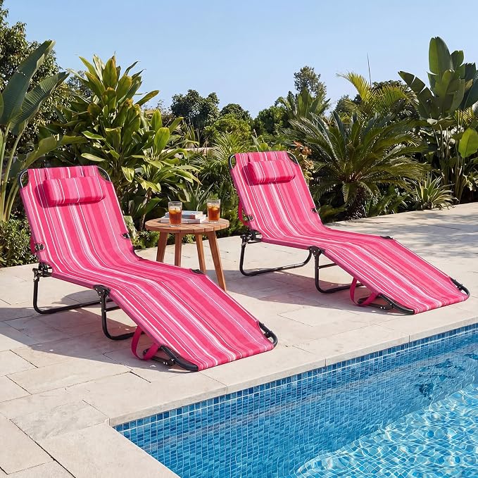 GYMAX Tanning Chair, Folding Lounge Chairs with Face Hole & Cover, Removable Pillow Carry Handle, Portable Compact Outdoor Layout Recliner for Beach, Poolside, Lawn, Patio, Camping (Pink Stripe,1)
