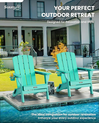 Folding Adirondack Chair, HDPE All-Weather Fire Pit Chairs, Plastic Adirondack Chairs with 2 Cup Holder, Outdoor Lawn Chair for Patio Garden (Lake Blue)