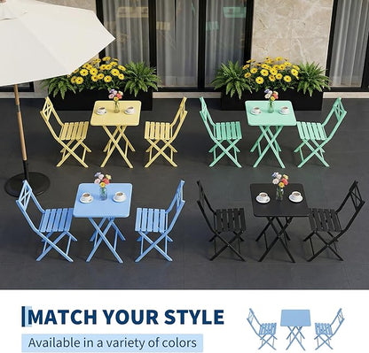 Outdoor Square Bistro Set 3 Piece, Blue Iron Tube Patio Furniture Set with Square Table & 2 Chairs, Foldable Steel Backyard Deck Porch Garden , Space Saving Outdoor Dining Set for Small Spaces