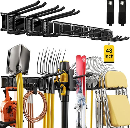 48" Garage Tool Organizer Wall Mount, 660lbs Heavy Duty Steel Garden Tool Storage Rack with 9 Adjustable Hooks for Yard, Shed, Garage (3 Racks, 9 Hooks, 2 Straps)