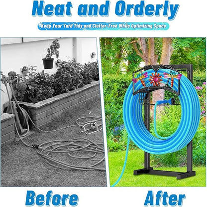 Garden Hose Holder, Freestanding Water Hose Holder with Storage Basket, Heavy Duty Metal Hose Reels Hanger Stand Organizer with 4 Spikes for Outside Yard Lawn Black