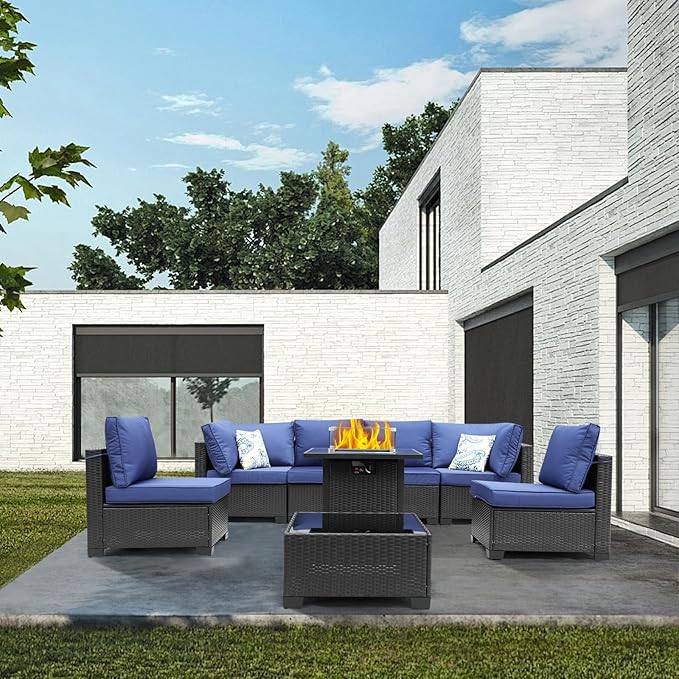 8 Pieces Patio Furniture Set with 28" Fire Pit Table, Wicker Outdoor Sectional Couch, Rattan Conversation Set for Backyard, Deck, Garden Lawn, Coffee/Blue