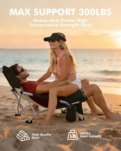 AKSOUL Folding Beach Chair for Adults: Low/High Back Chairs with Carry Bag - Extra Wide Seat Chair with Comfortable Pillow & Storage Pocket (1 Pack & 2 Pack, Blue)