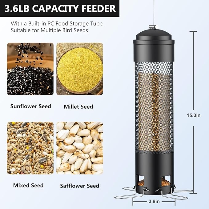 LCSEVEN Bird Feeders for Outdoors Squirrel Proof with Weight-Activated Perches, Hanging Bird Feeder for Outside, Metal Feeder for Wild Cardinal, Finch, Blue Jay, Chickadee, 3.6LB Seed Capacity, Black