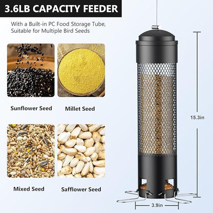 LCSEVEN Bird Feeders for Outdoors Squirrel Proof with Weight-Activated Perches, Hanging Bird Feeder for Outside, Metal Feeder for Wild Cardinal, Finch, Blue Jay, Chickadee, 3.6LB Seed Capacity, Black