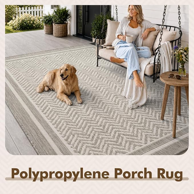 MontVoo-3x5 Outdoor Rug Porch Entryway Rug-Polypropylene Indoor Outdoor Rugs for Entryway Kitchen Balcony Patio, Textured Weave, Durable, Fade-Resistant, Non-Shedding, Boho Geometric Neutral Grey