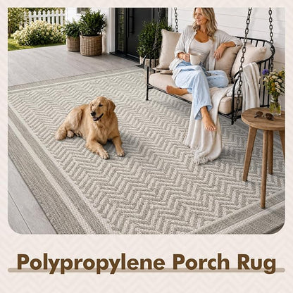 MontVoo-3x5 Outdoor Rug Porch Entryway Rug-Polypropylene Indoor Outdoor Rugs for Entryway Kitchen Balcony Patio, Textured Weave, Durable, Fade-Resistant, Non-Shedding, Boho Geometric Neutral Grey