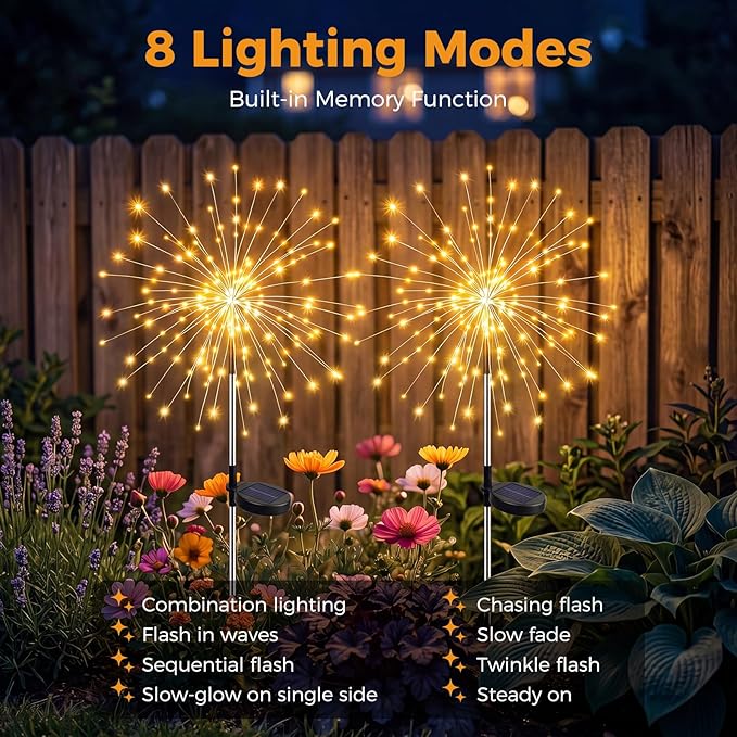 btfarm 2 Pack Solar Garden Lights Outdoor 8 Modes, 120 LED Firework Lights Solar Powered, Waterproof Twinkle Fairy Light Outside for Yard Pathway Lawn Pool Patio Christmas Decorative, Warm White