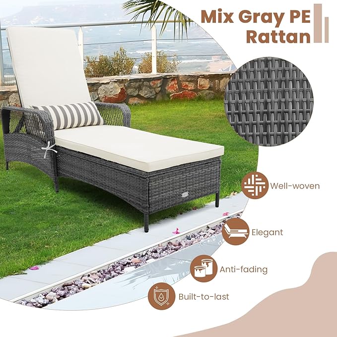 COSTWAY PE Rattan Chaise Lounge Chair, 6 Gear Adjustable Recliner with Armrest & Pillow, Wicker Outdoor Furniture for Deck, Patio (1, Gray)