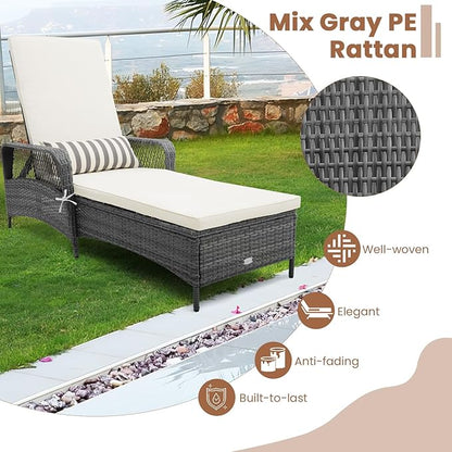 COSTWAY PE Rattan Chaise Lounge Chair, 6 Gear Adjustable Recliner with Armrest & Pillow, Wicker Outdoor Furniture for Deck, Patio (1, Gray)