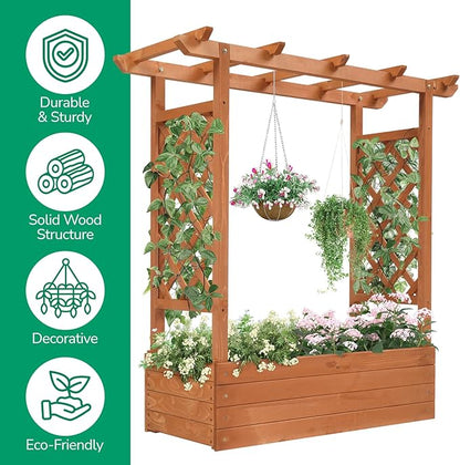 Outvita Raised Garden Bed with Trellis, Wood Planter Box with Hanging Roof, Side Trellis and Drainage Holes, Above Ground Elevated Garden Bed for Outdoor Climbing Plants Vines Vegetables (Teak Color)