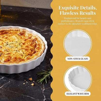 Quiche Baking Dish, Ceramic Quiche Pan, 10 inch Large Round Tart Pan Set of 2, Porcelain Pie Pan Oven Safe, Wave White Baking Dishes for Dessert, Cheesecake, Souffles, Dishwasher Safe, 43 Oz