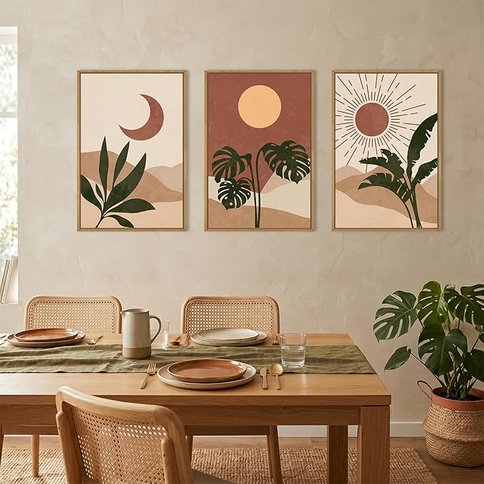 KAIRNE Vintage Sun and Moon Framed Canvas Wall Art Set,Boho Desert Botanical Wall Decor,Abstract Green Terracotta Art Prints,Retro Minimalist Artwork for Living Room,Bedroom,Farmhouse,Office-24"x36"x3