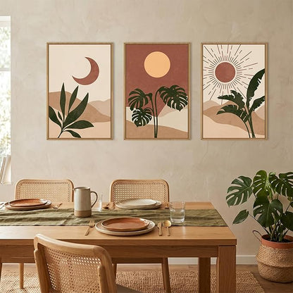 KAIRNE Vintage Sun and Moon Framed Canvas Wall Art Set,Boho Desert Botanical Wall Decor,Abstract Green Terracotta Art Prints,Retro Minimalist Artwork for Living Room,Bedroom,Farmhouse,Office-24"x36"x3