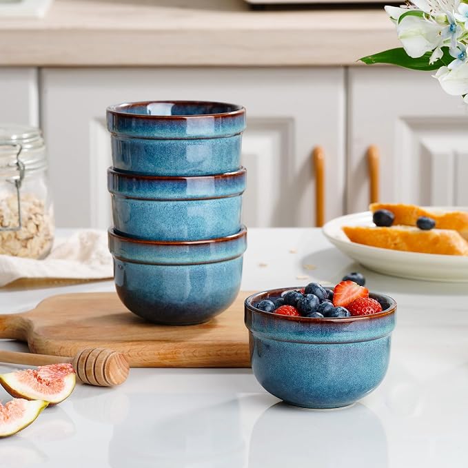 Henten Home 6 oz Ramekins Set Oven Safe, Ceramic Creme Brulee Ramekins Set of 4, Baking Cups for Pudding, Souffle, Ice Cream, Snack, Dipping (Blue)