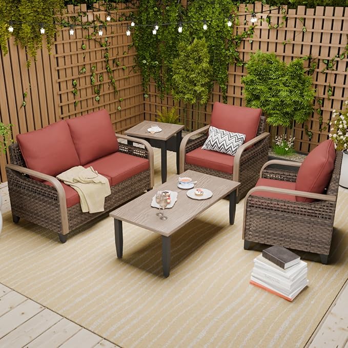 COOS BAY Modern Wicker Outdoor Furniture Set, Patio Conversation Set with Patio Chairs, 2 Seat Loveseat, Coffee Table and Side Table, 5 Piece, Brown/Red