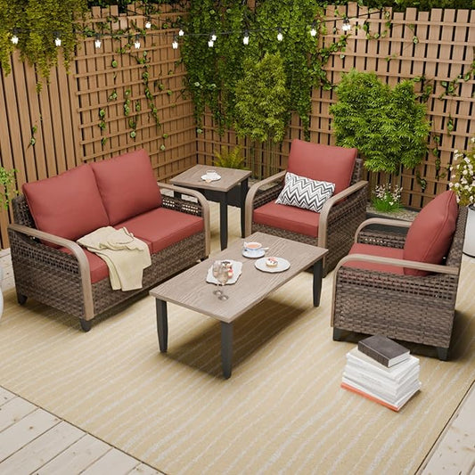 COOS BAY Modern Wicker Outdoor Furniture Set, Patio Conversation Set with Patio Chairs, 2 Seat Loveseat, Coffee Table and Side Table, 5 Piece, Brown/Red