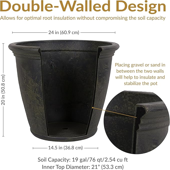 Sunnydaze 24-Inch Anjelica Large Plastic Pot for Plants - Double-Walled Outdoor Polyresin Round Planter Porch Pot with Drillable Drainage Holes - Sable - 4pk