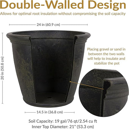 Sunnydaze 24-Inch Anjelica Large Plastic Pot for Plants - Double-Walled Outdoor Polyresin Round Planter Porch Pot with Drillable Drainage Holes - Sable