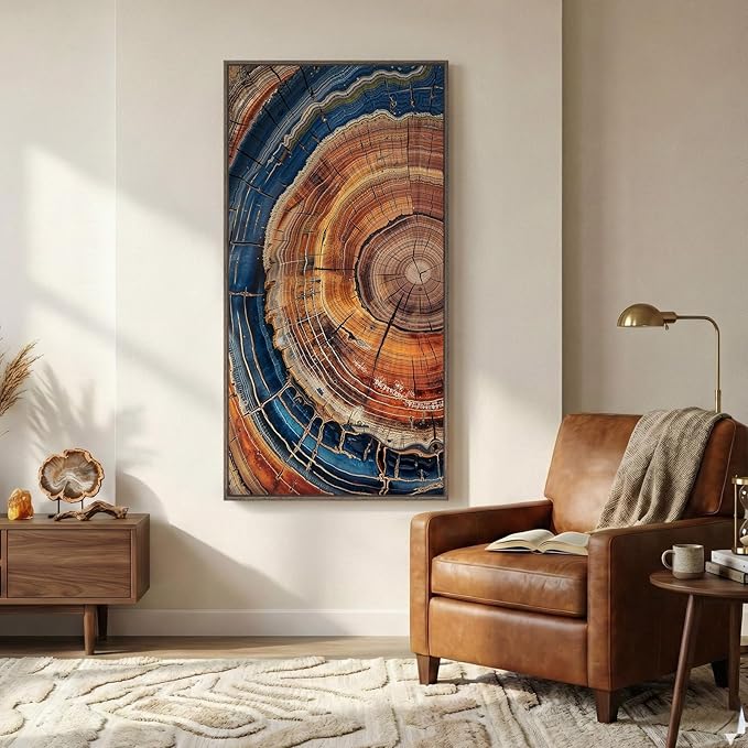 Extra Large Framed Vertical Tree Ring Wall Art for Living Room, Vintage Rustic Colorful Wood Stump Canvas Artwork for Walls, Nature Farmhouse Modern Wall Decor for Bedroom Hallway Office, 30x60 Inch